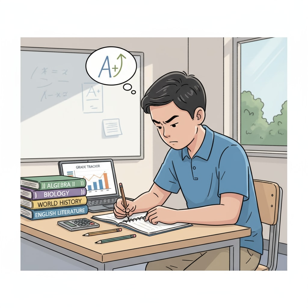 A student is sitting at a desk, with books and notebooks neatly arranged, looking focused on improving their high school performance. A student determined to enhance high school performance, addressing educational gaps and acquiring key skills