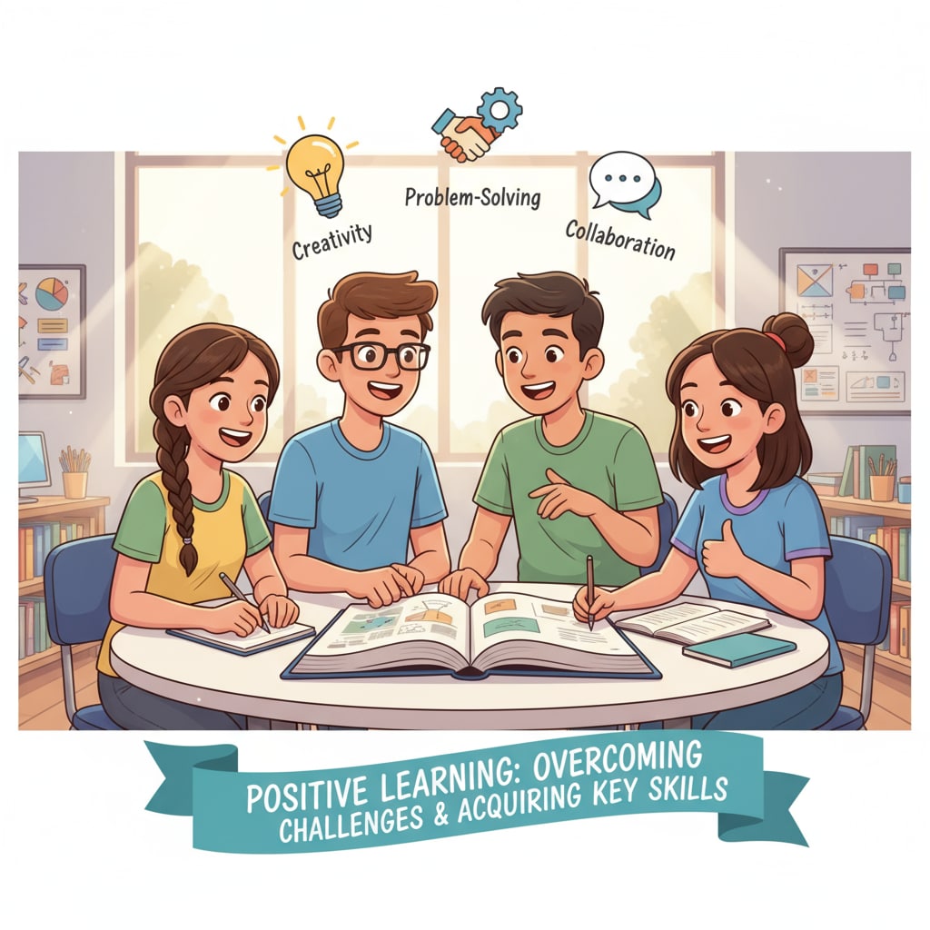 A group of students are smiling and collaborating, demonstrating a positive attitude towards learning to overcome high school performance issues and gain key skills. Students with a positive attitude towards learning to improve high school performance, fill educational gaps, and acquire key skills