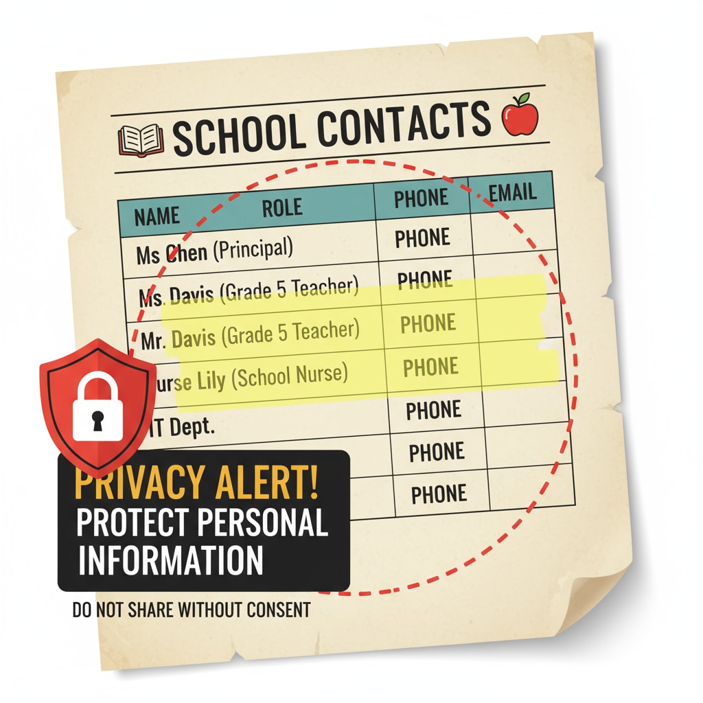 A close-up of a school contact list with some information highlighted, emphasizing the importance of privacy protection. Close-up view of a school contact list, emphasizing privacy for single-parent family children