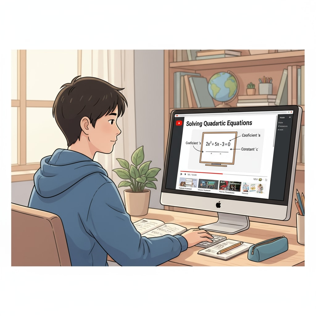 A student is sitting at a desk, watching educational videos on YouTube with a focused expression. The screen shows a math problem being explained. A K12 student using YouTube for math learning, with YouTube teachers, subject teaching, and online learning resources in action