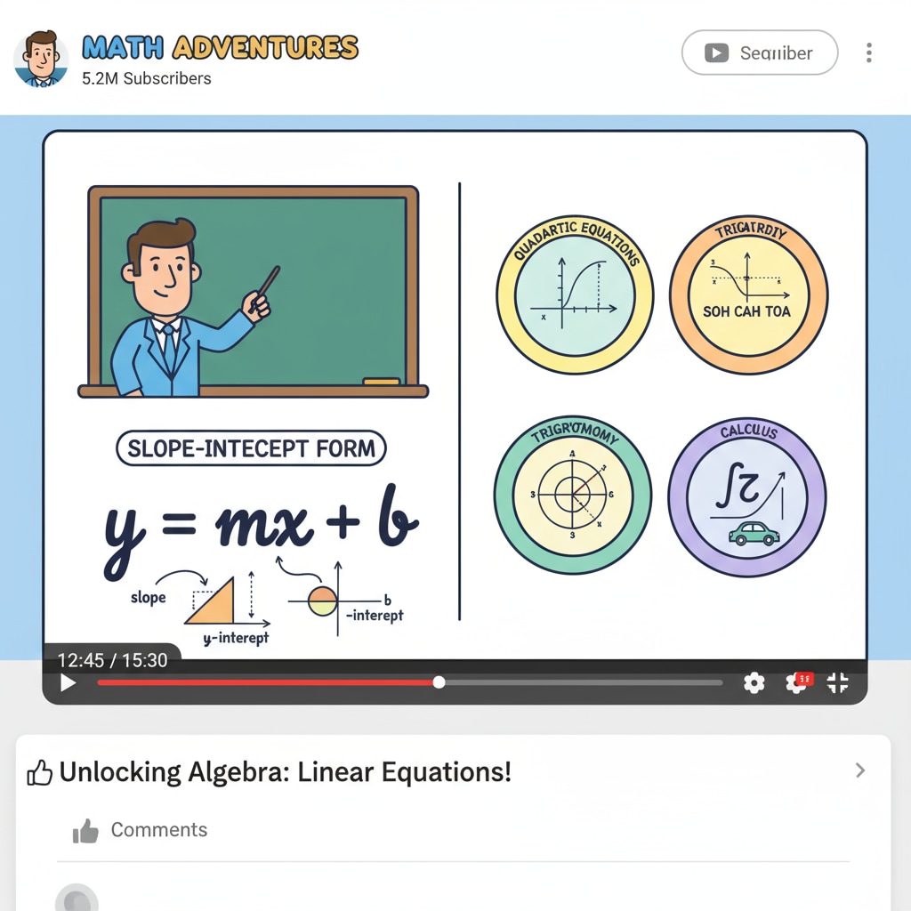 A screenshot of a popular math educational YouTube channel with colorful graphics and clear explanations of math concepts. A popular YouTube channel for math subject teaching, related to online learning resources for K12 students