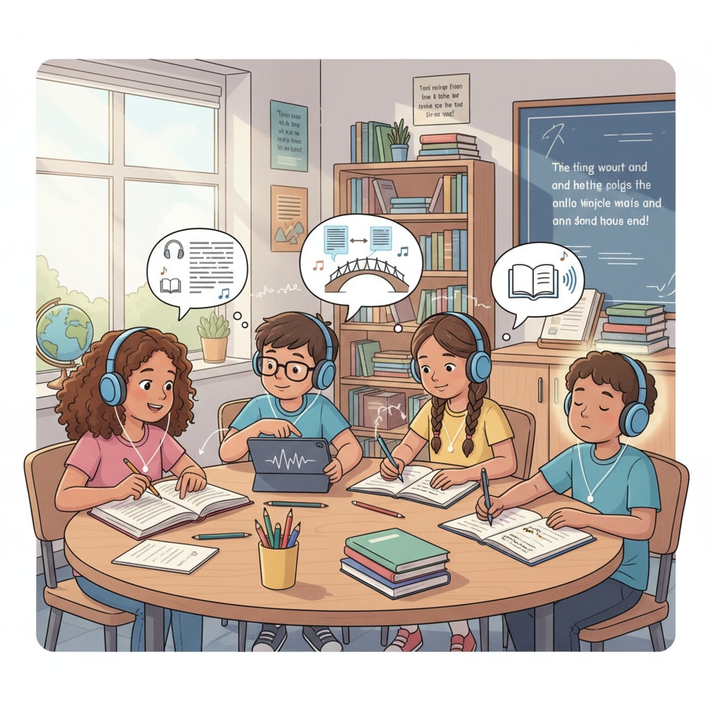 A group of students is sitting in a language arts class, wearing headphones and listening intently to audiobooks. Some have books open in front of them, making connections between the audio and the printed text. Students listening to audiobooks in a language arts class to enhance reading fluency