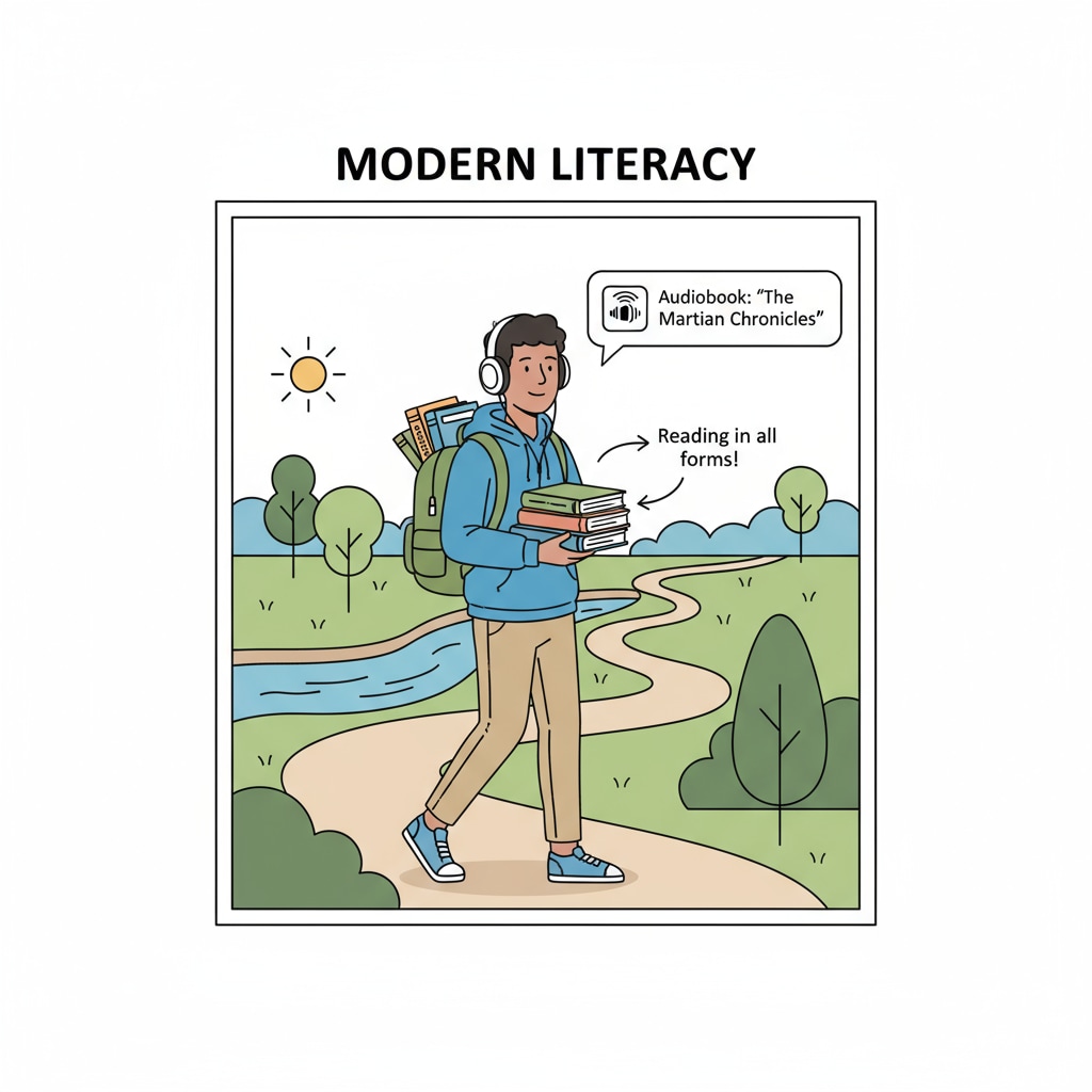 A student is walking on a path, with earphones in, listening to an audiobook. There are books in their backpack, indicating their interest in different forms of reading. A student engaging with an audiobook while on the move to improve language skills