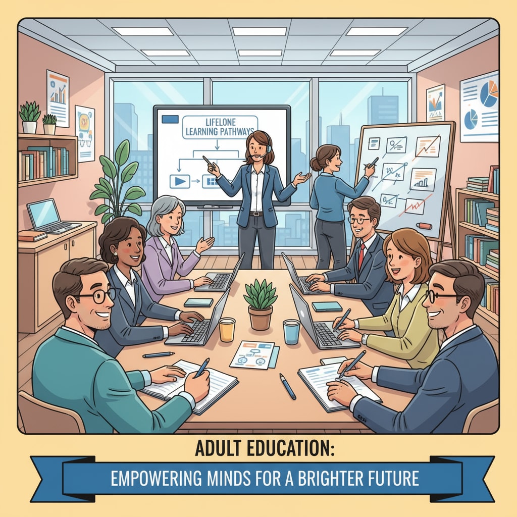 An illustration showing adults in a classroom, engaged in learning activities, highlighting the concept of adult education. Adult education in a classroom setting, related to high school diploma pursuit with free educational resources