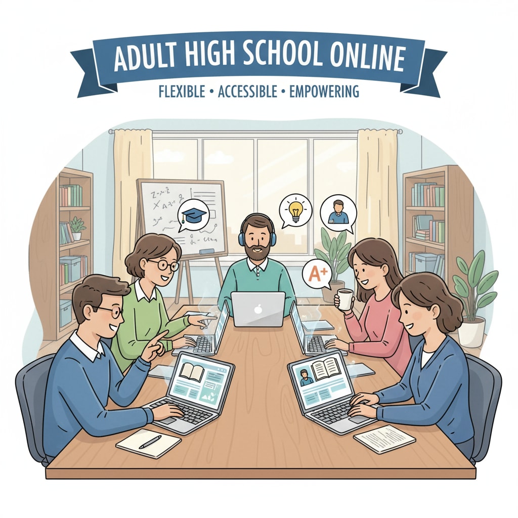 A visual representation of a group of adults using laptops to study online, emphasizing the role of online platforms in adult high school education. Adults studying online for high school diplomas with access to free educational resources