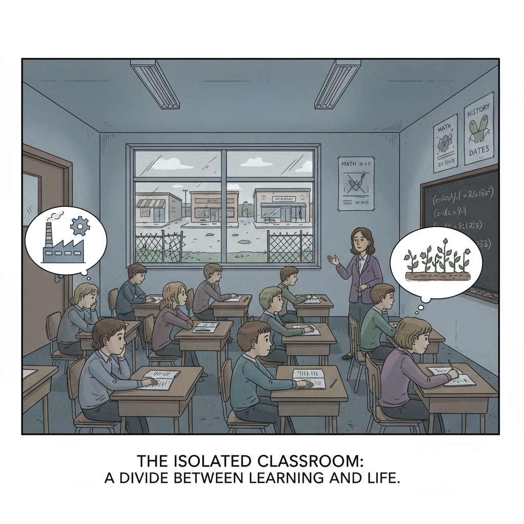 A classroom scene in a small town public school where students seem unenthusiastic, indicating potential issues caused by the separation of school and community. Students in a small town public school affected by school-community separation