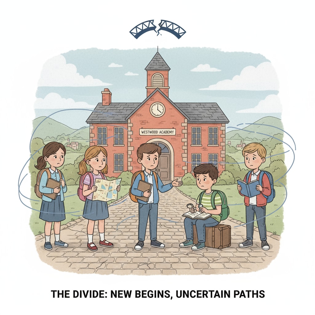 A group of students standing outside a small town school looking a bit lost, symbolizing the challenges they face due to the separation. Students facing challenges due to school-community separation in a small town