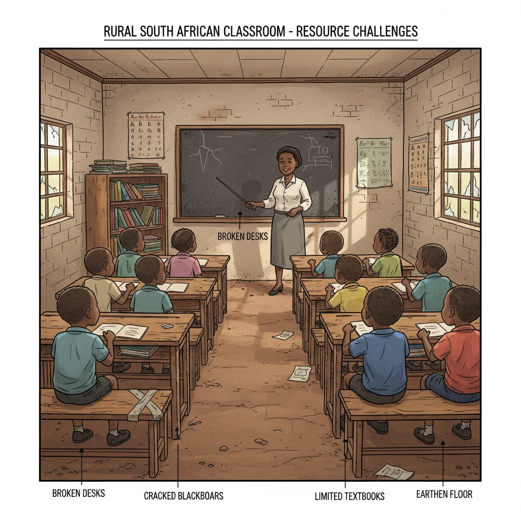 A classroom in a disadvantaged area of South Africa with simple facilities, showing the lack of educational resources. Educational inequality in South Africa - Resource allocation issue in a classroom