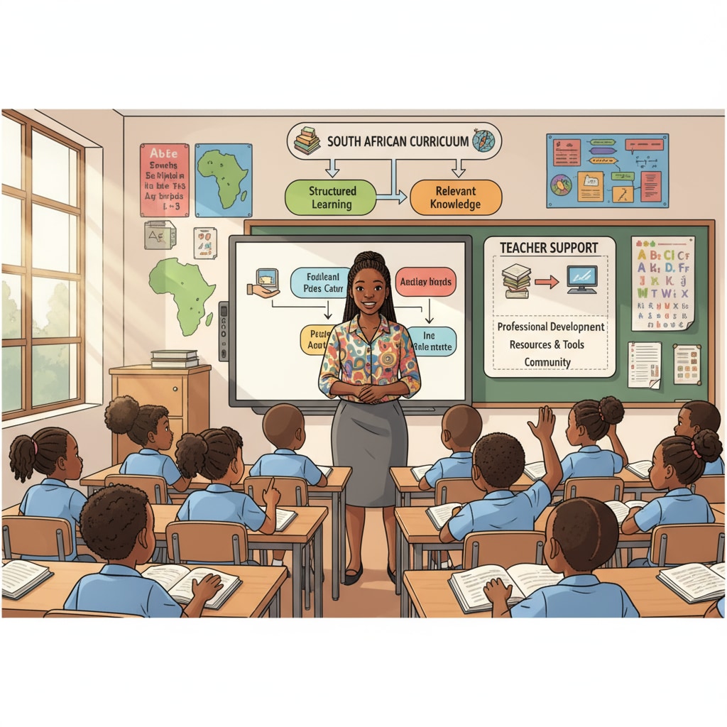 A teacher in a South African school teaching students, emphasizing the importance of curriculum and teacher support. Educational inequality in South Africa - Curriculum and teacher - related issues