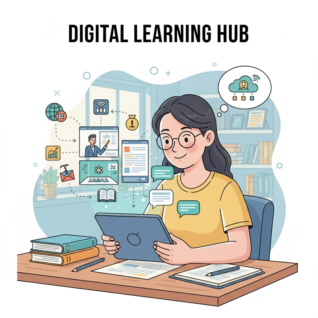A student is sitting at a table, using a tablet to access various online learning resources, indicating the use of digital materials for learning. Student accessing online learning resources to fill educational gaps