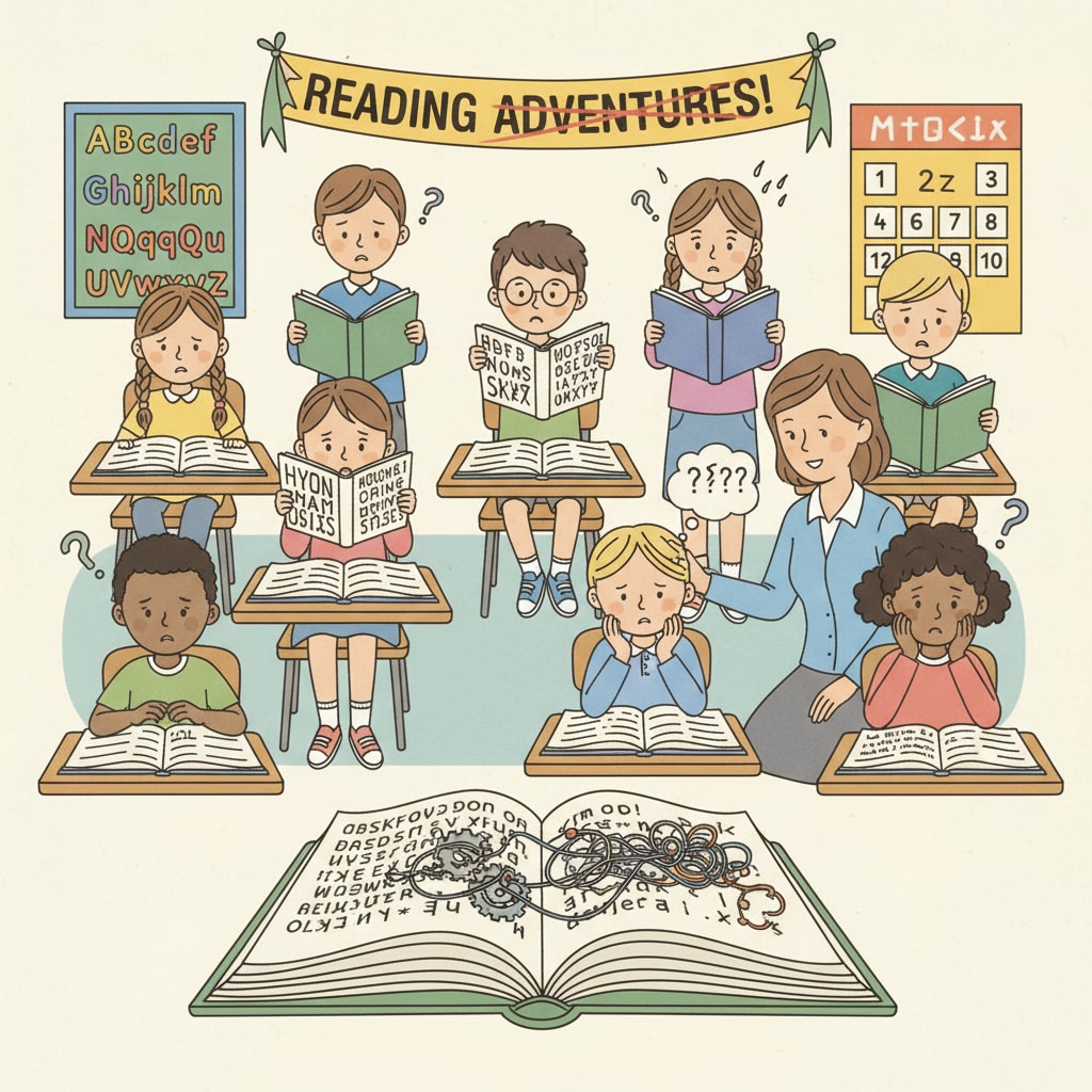 A classroom scene where students are facing difficulties while reading textbooks, indicating literacy issues. A classroom scene highlighting literacy problems among students in relation to democracy and reading writing skills.