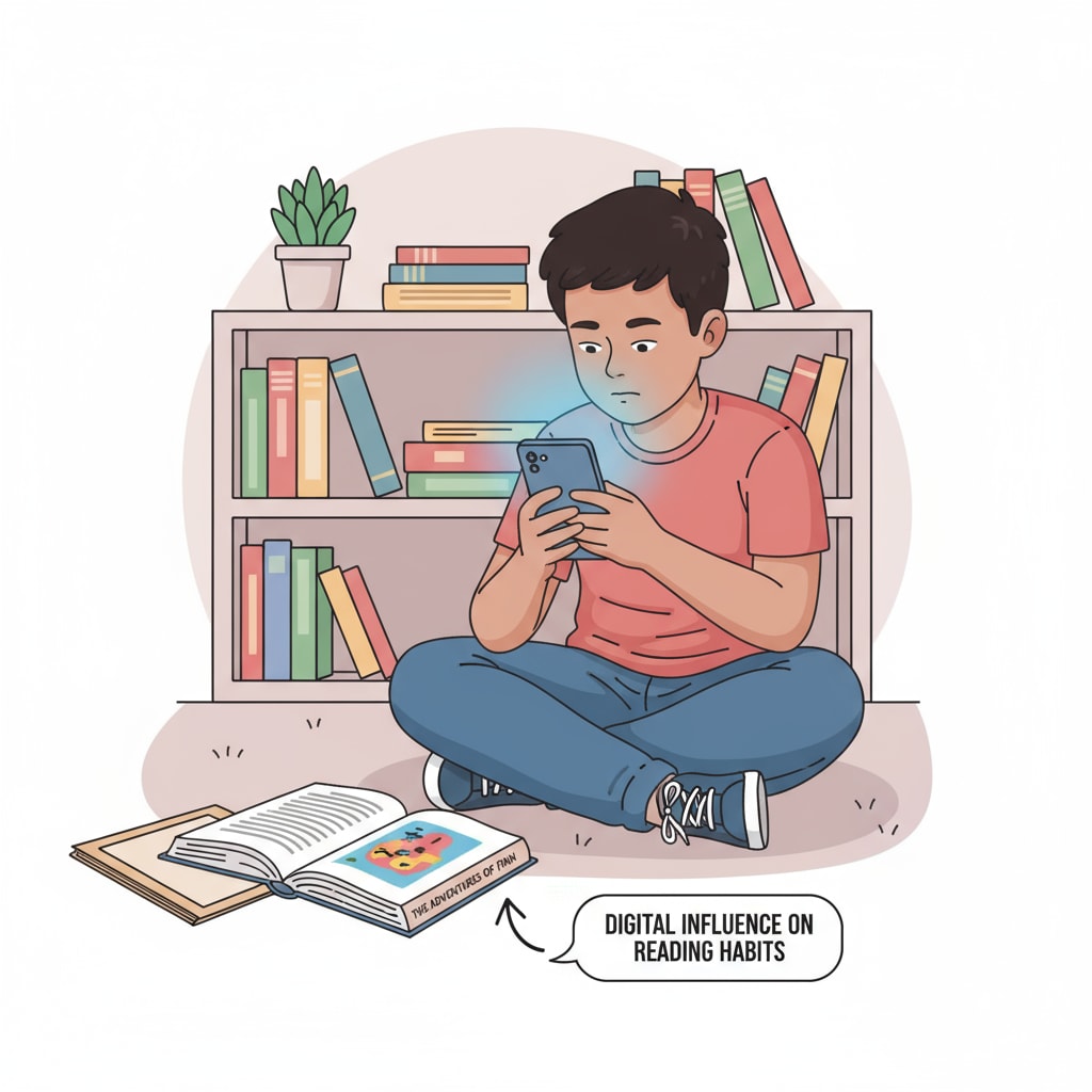 A young person engrossed in a mobile device instead of reading a physical book, symbolizing the impact of digital media on literacy. A representation of how digital media is affecting literacy, democratic awareness, and writing skills.