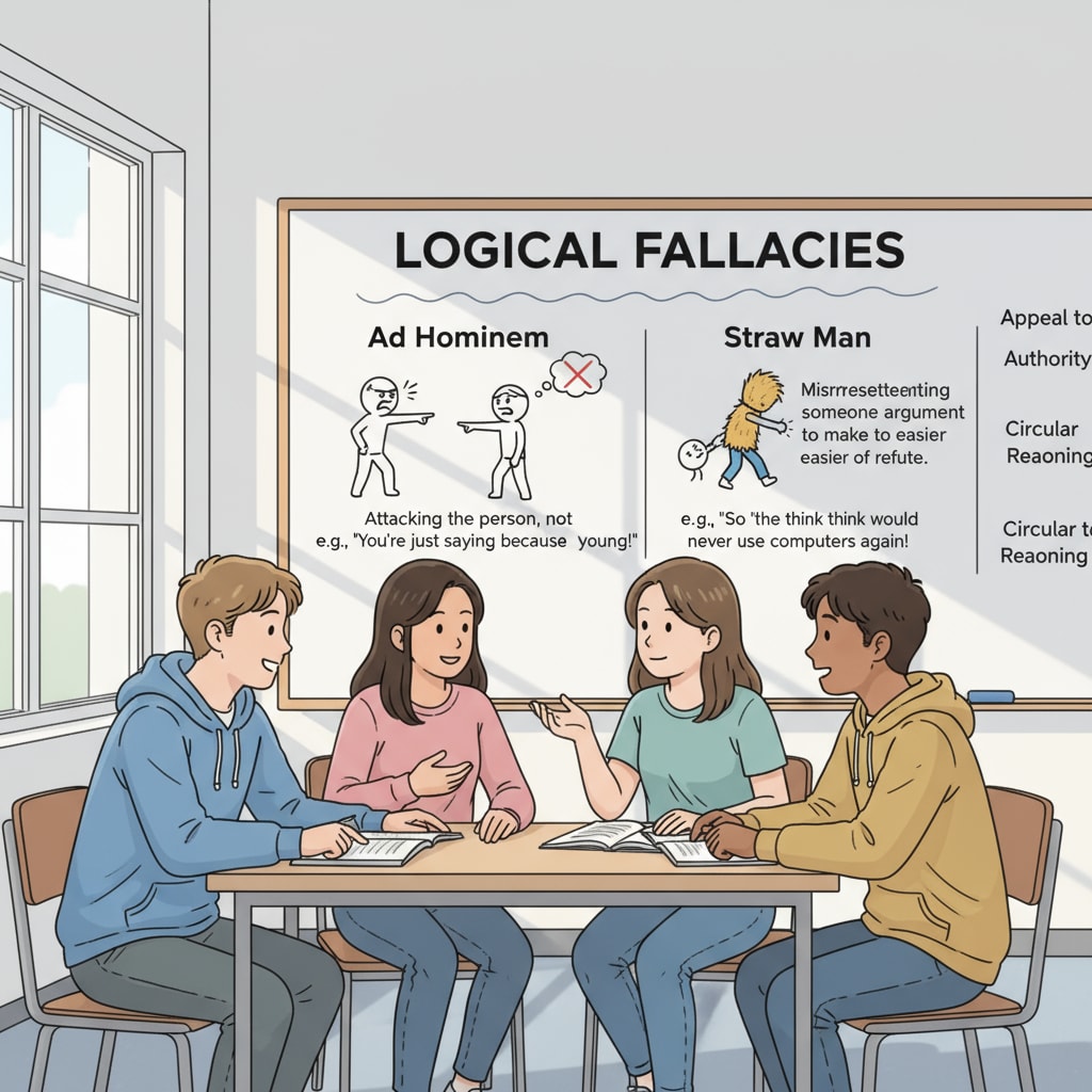 High school students discussing logical fallacies in a classroom