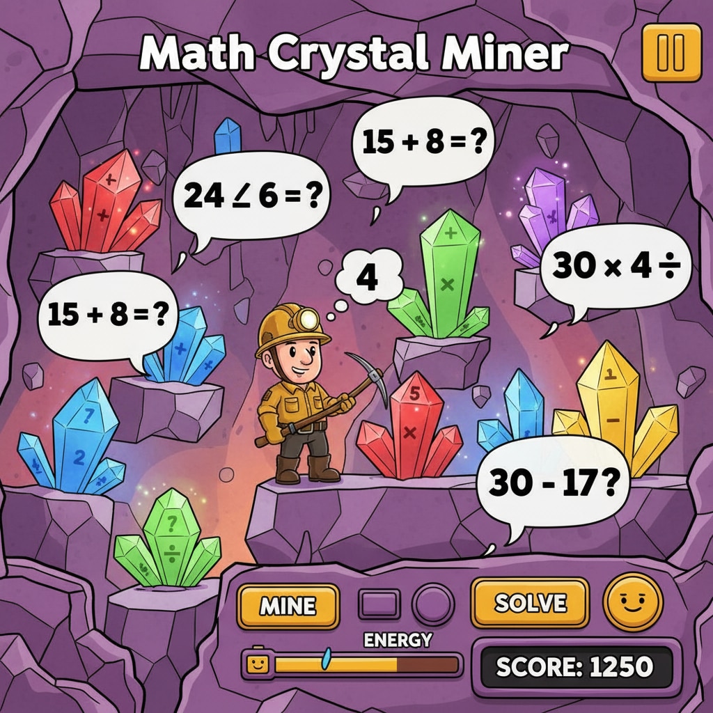 A screenshot of the Math Crystal Miner game showing a virtual mining scene with math problems floating around. The scene has colorful crystals and mining tools. A view of the Math Crystal Miner game's virtual mining area with math problems for educational purposes in procedurally generated worlds.
