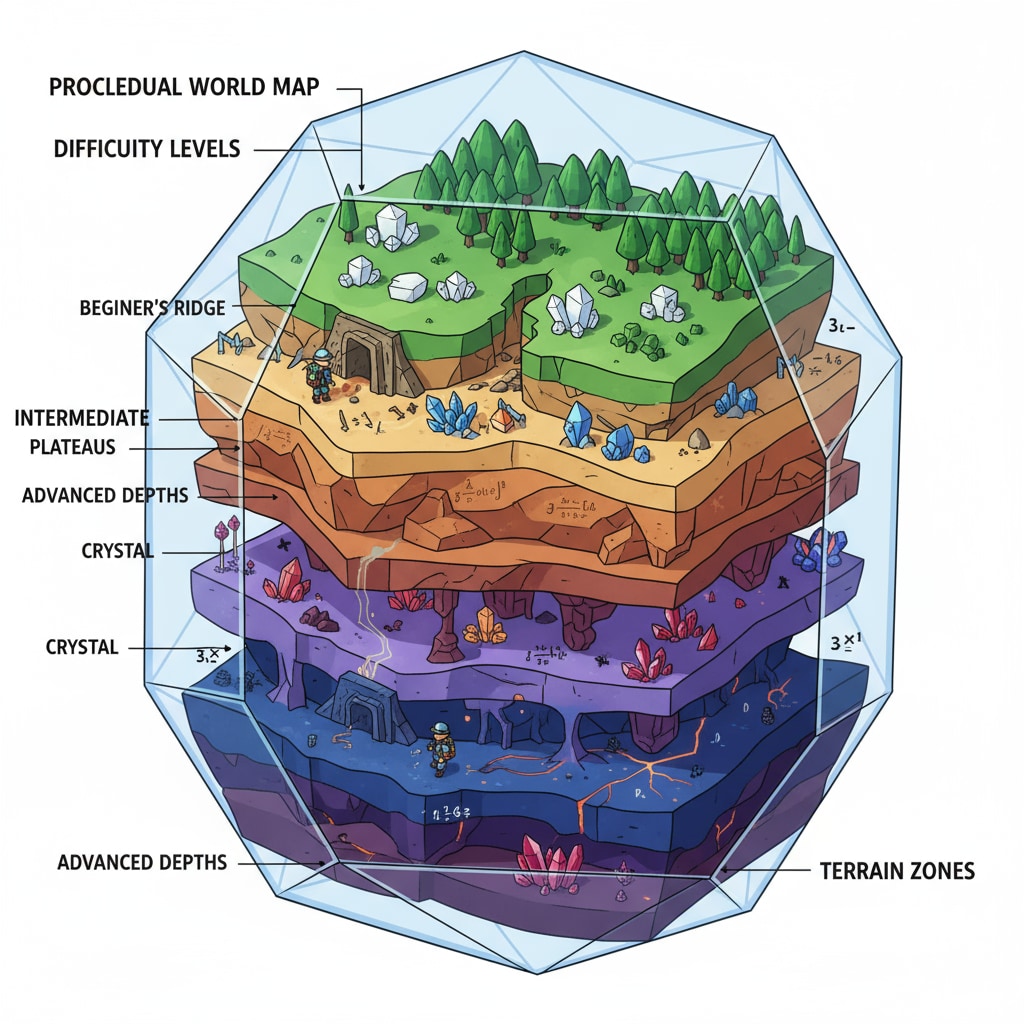 A visual representation of a procedurally generated world in the Math Crystal Miner game, showing different terrains and crystal deposits. The world has a three - dimensional look with various levels of difficulty represented. A visualization of the procedurally generated world in the Math Crystal Miner game, which combines crystal mining and math learning in an educational context.