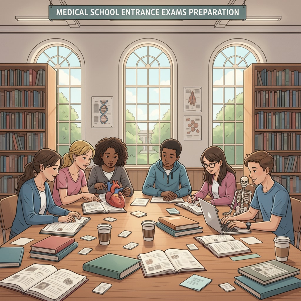 A group of high school students are sitting at tables in a library, surrounded by textbooks and notes, intently studying for their medical school entrance exams. High school students studying for medical school entrance exams to overcome learning anxiety and knowledge gaps