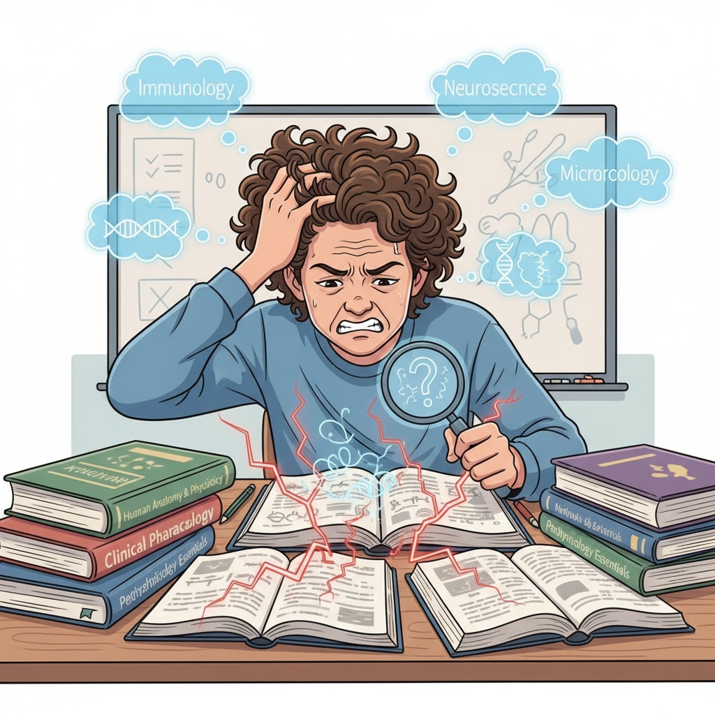 A student is sitting at a desk, looking confused and frustrated while trying to understand complex medical-related textbooks, highlighting knowledge gaps. A student facing knowledge gaps while studying for medical school entrance exams and experiencing learning anxiety
