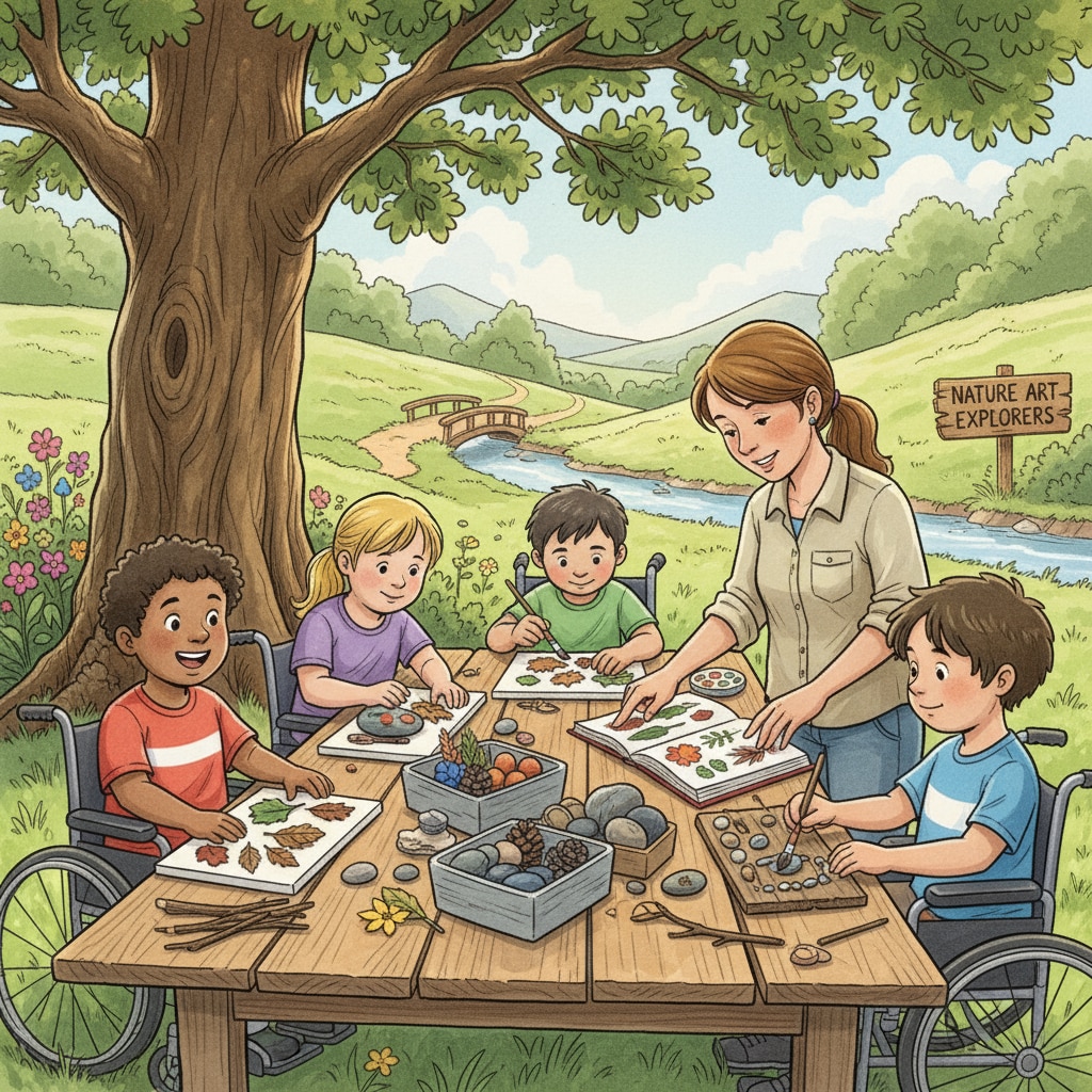 A group of special needs children are participating in a hands - on learning activity outside the traditional classroom setting, such as a nature - based art project. Special needs children engaged in an alternative learning activity