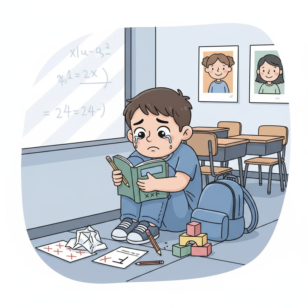 A child with a sad expression is sitting alone in a corner of a classroom, showing signs of distress related to school - related issues. Sad special needs child in a classroom due to school trauma