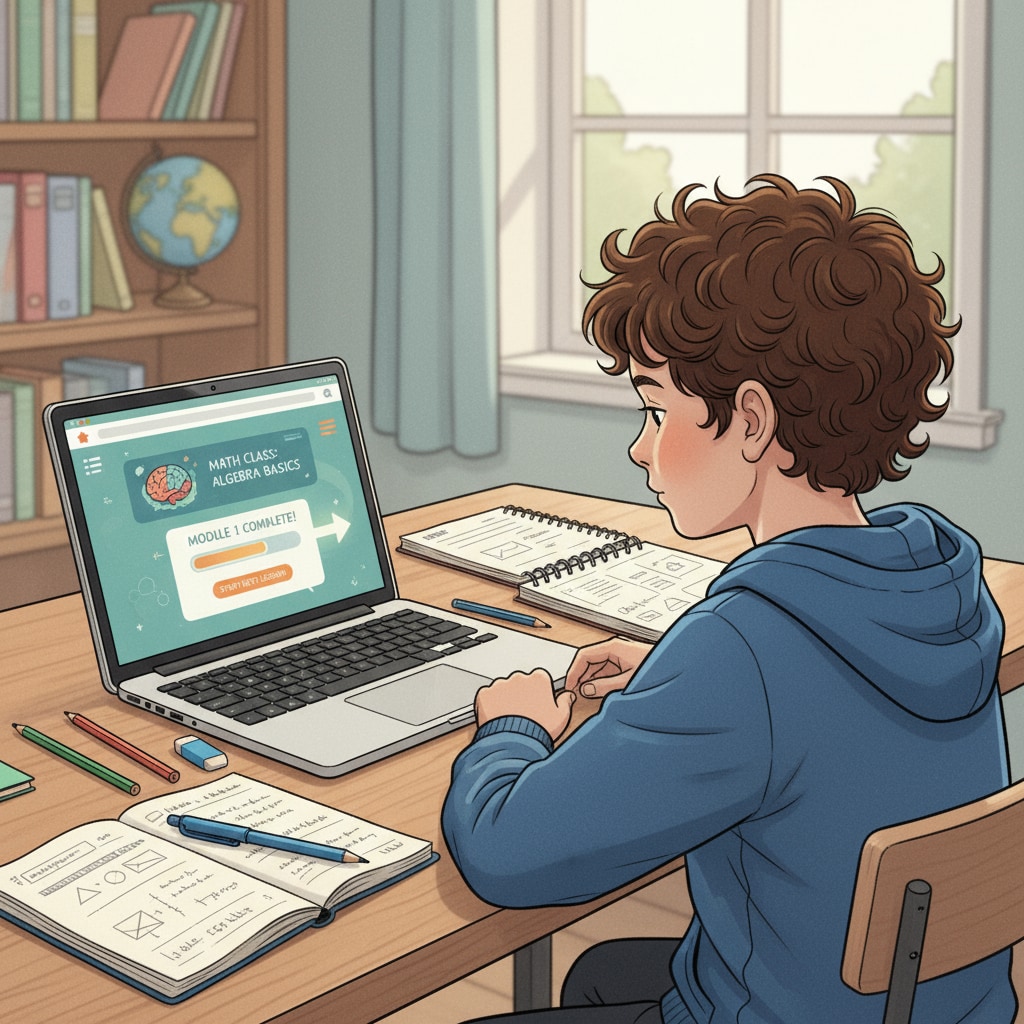 A child is sitting at a table, concentrating on an online educational platform displayed on a laptop. There are notebooks and pencils beside the laptop. A child using an online educational platform for home education
