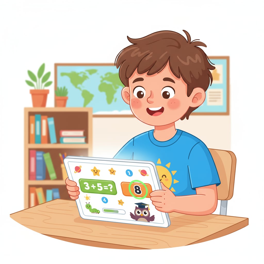 A young child is smiling while playing an educational math app on a tablet. The tablet screen shows colorful math problems and game elements. A child playing an educational math app for home education learning