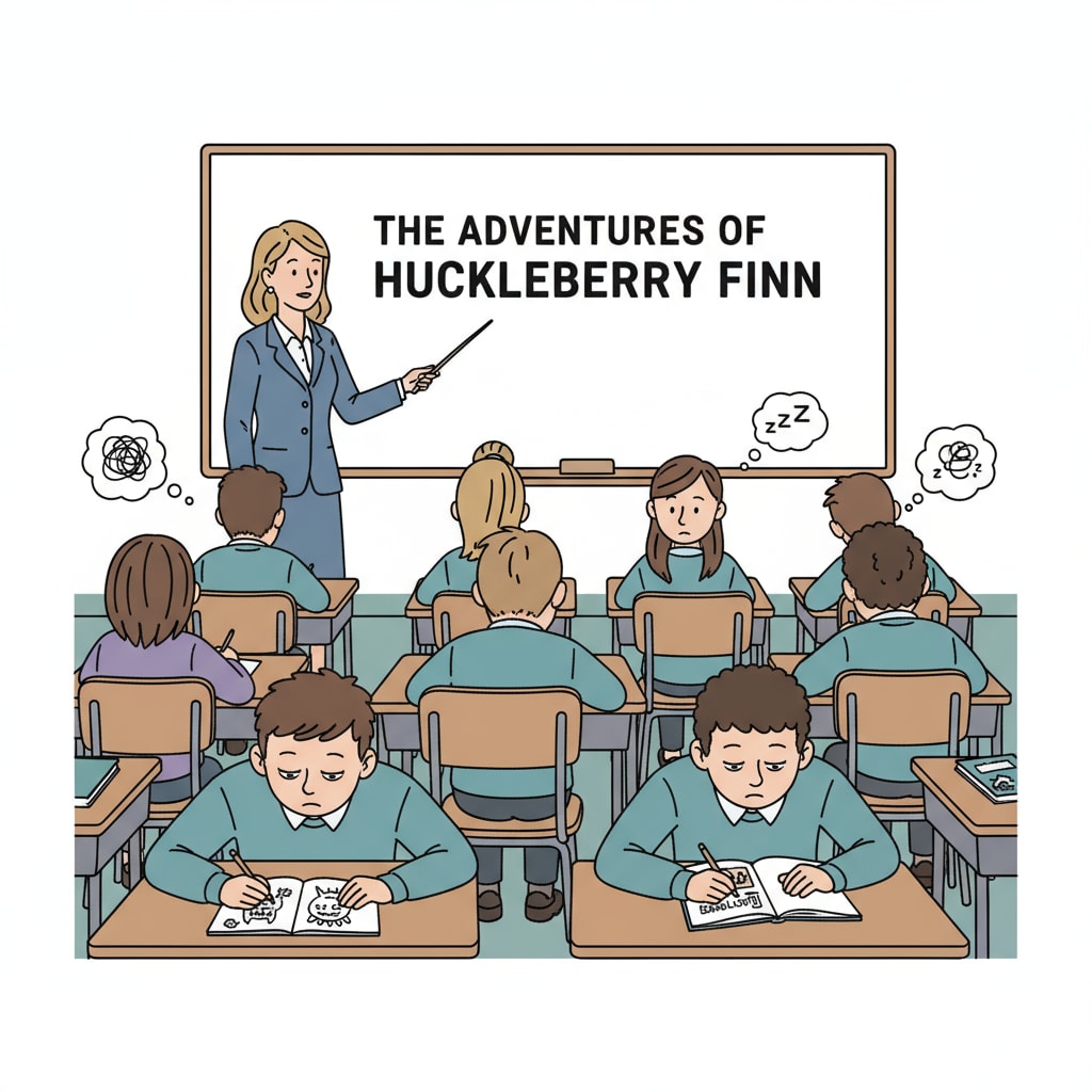 A classroom scene where students are sitting at their desks, looking uninterested during an English lesson. Some are doodling, and others are staring blankly at the board. A bored classroom during an English class influenced by strict teachers and curriculum content changes