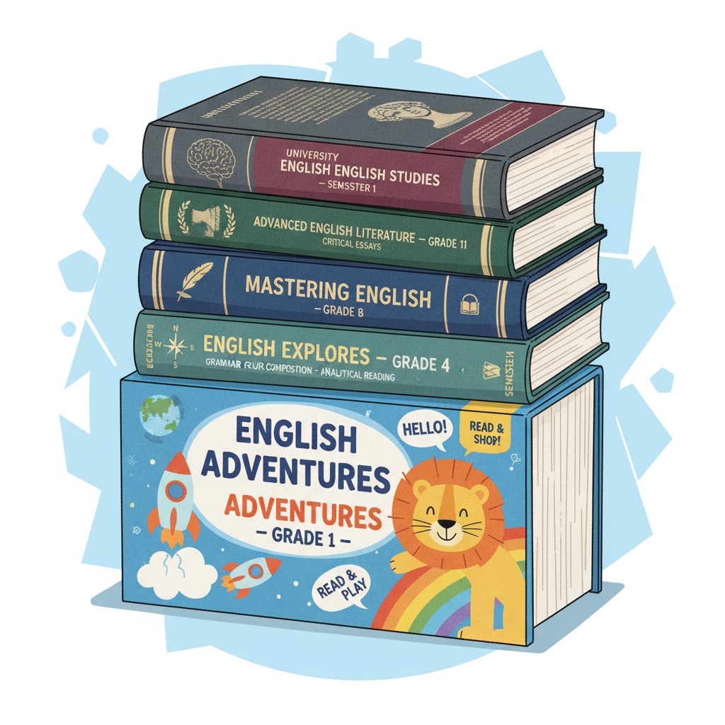 A collection of English textbooks of different grades are piled up. The lower-level textbooks have colorful pictures and simple text, while the upper-level ones look more serious with complex text. English textbooks showing curriculum content changes from basic to advanced levels affected by strict teachers