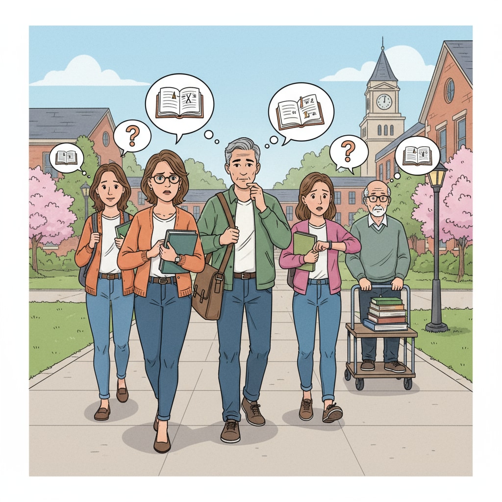 A group of non - traditional age students walking on a college campus, looking both determined and a bit nervous Non - traditional age students on a college campus experiencing age anxiety and time perception issues