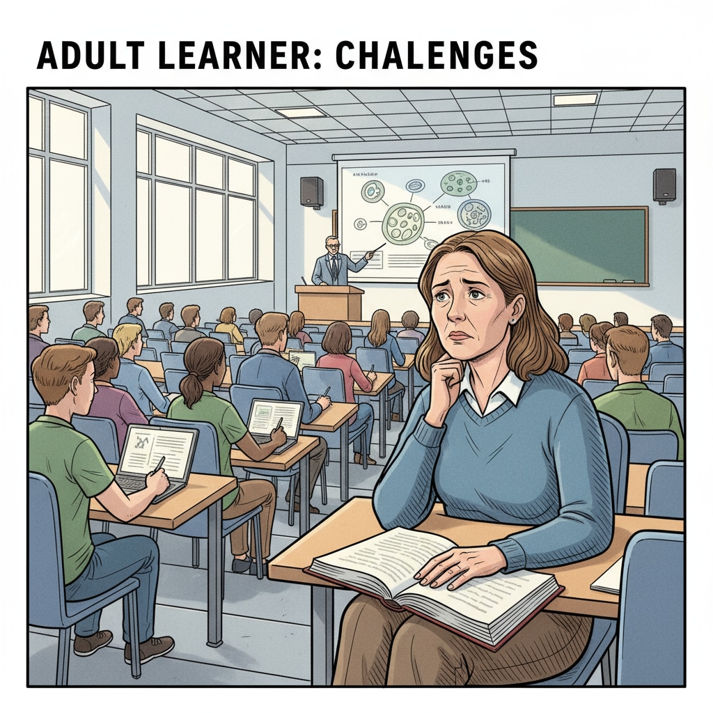 A non - traditional age student sitting in a college lecture hall, looking a bit worried Non - traditional age student in a lecture hall showing signs of age - related anxiety