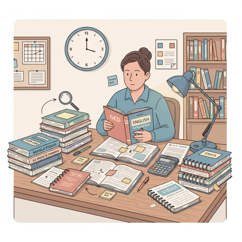A person is sitting at a table, surrounded by study materials for either GED or adult high school diploma preparation. There are textbooks, notebooks, and a calculator visible. A person preparing for GED test or adult high school diploma in a study setting