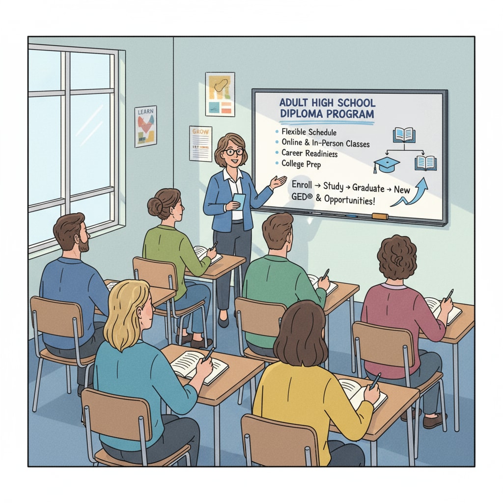 A group of adults is sitting in a classroom, listening attentively to an instructor. The classroom has a whiteboard with educational content related to the adult high school diploma program. Adults attending an adult high school diploma program in a classroom