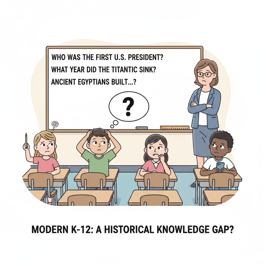 Classroom scene depicting the lack of historical knowledge among students in K12 education, related to educational standards, historical knowledge, civic literacy, and the balance between skills and knowledge.