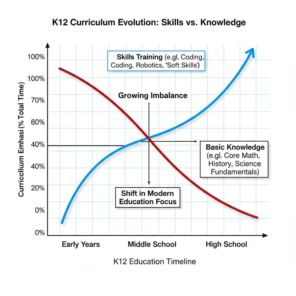 Graph highlighting the imbalance between skills training and basic knowledge in K12 education, relevant to educational standards, historical knowledge, civic literacy, and the balance between skills and knowledge.