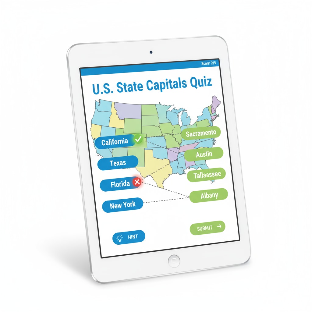 An illustration depicting a student actively using a tablet with a state capital learning app interface, showing various elements like state names and interactive buttons. A student using a state capital learning app for US geography education in an engaging way.