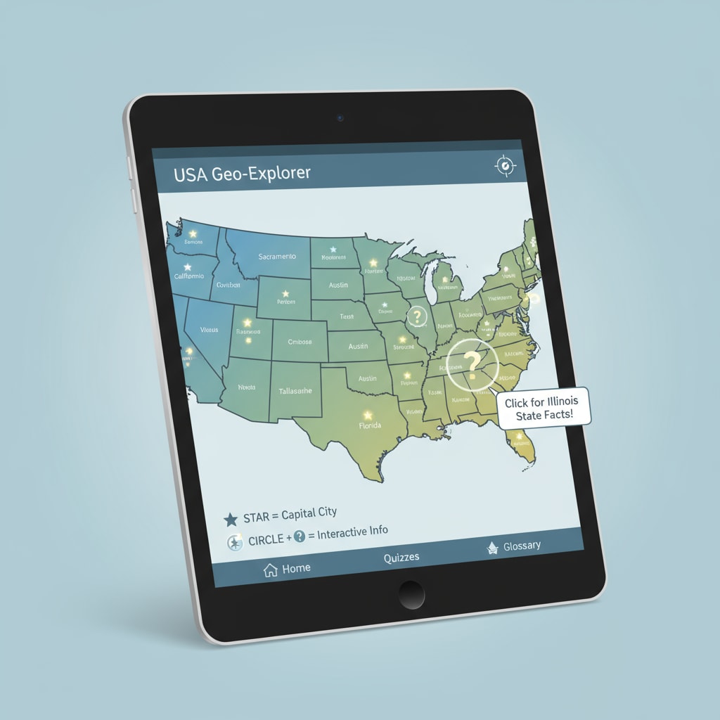 A screenshot of an educational app's interactive map that clearly displays different states and their capitals, with clickable features for more information. Interactive map in a state capital learning app for US geography education.
