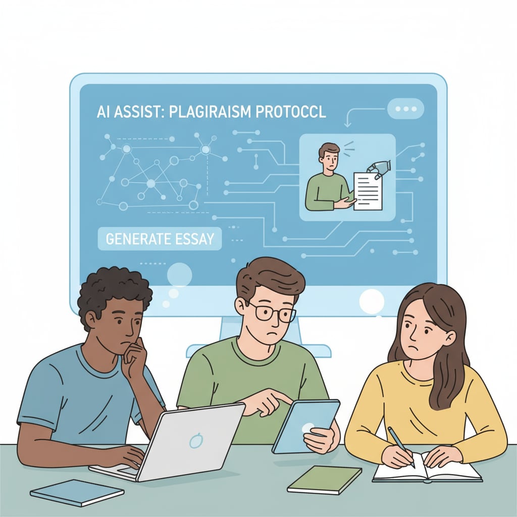 Students are shown working on their assignments. In the background, a computer screen displays AI-related software interfaces, highlighting the potential interference of AI in student work. The authenticity of student assignments, teaching evaluation, and parental cognitive differences are affected by AI.