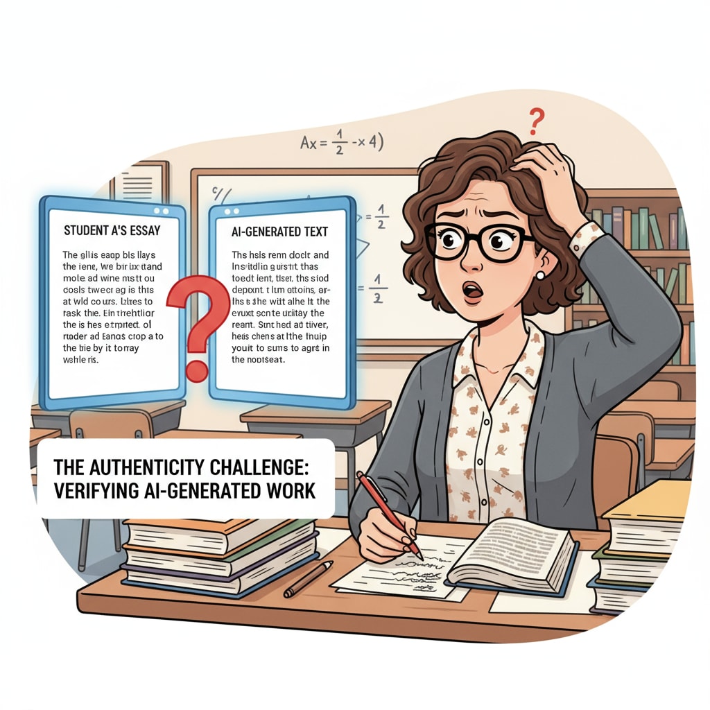 A teacher is seen looking confused while grading assignments. Next to the teacher are samples of AI-generated text, emphasizing the difficulty teachers face in determining the authenticity of student work. Teachers struggle with the authenticity of student assignments in the context of teaching evaluation and parental cognitive differences.