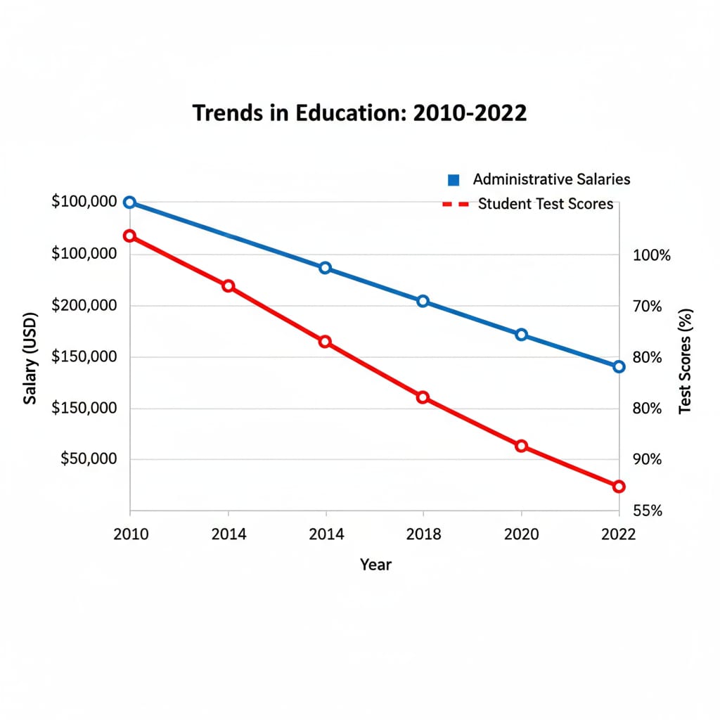 A graph depicting the upward trend of administrative salaries and the downward trend of student test scores over a period of several years. Graph showing the relationship between administrative salaries and student test scores