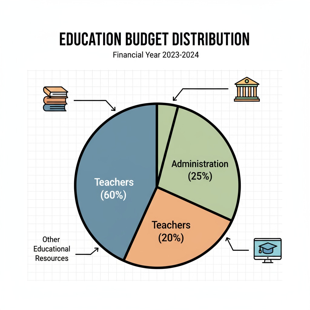A pie chart illustrating the percentage distribution of the education budget among administration, teachers, and other educational resources. Pie chart of education budget allocation