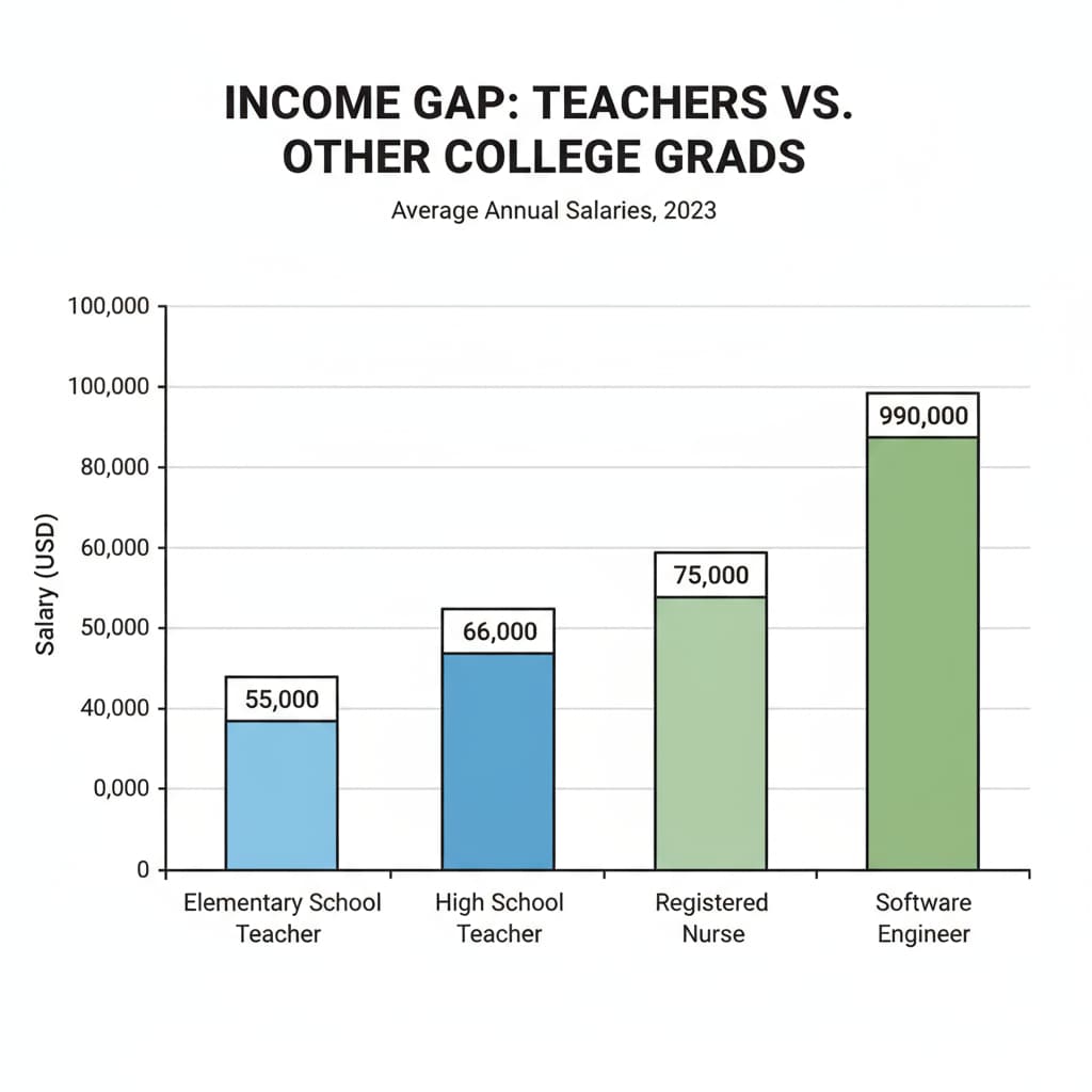 A bar graph comparing teacher salaries and salaries of other college-educated professionals to show the income gap. Bar graph depicting the income gap between teachers and other college-educated professionals