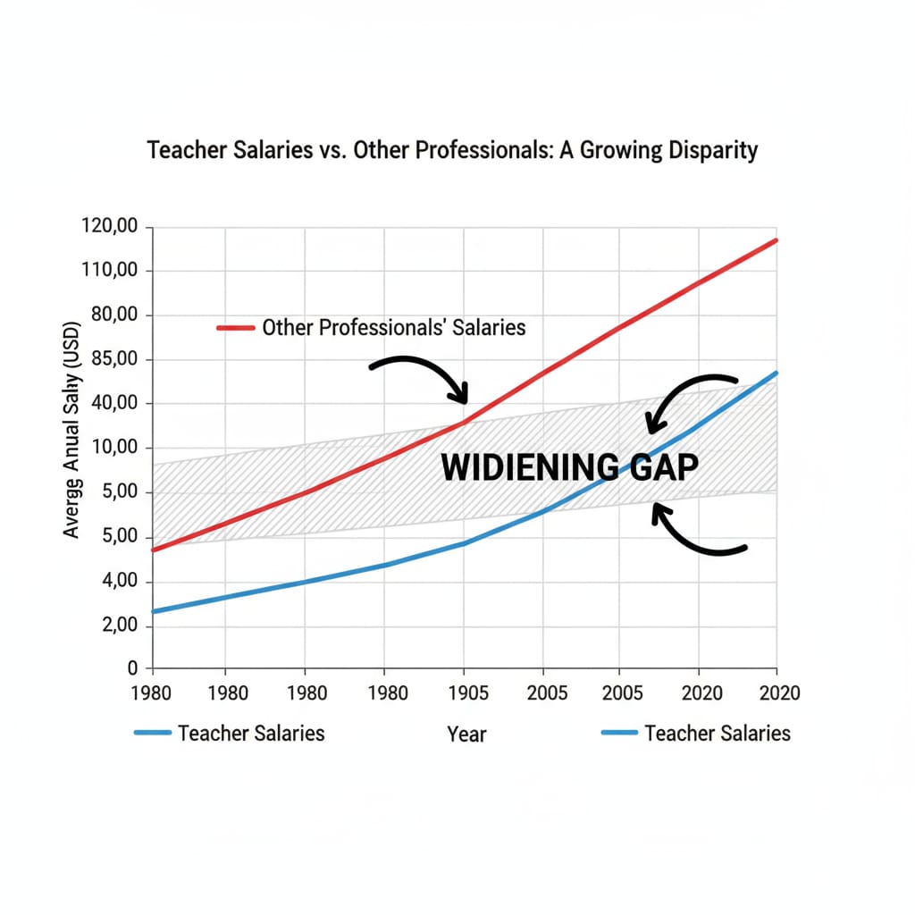 A line graph showing the trend of teacher salaries and salaries of other professionals over the years, highlighting the widening gap. Line graph showing the trend of teacher and other professionals' salaries over time