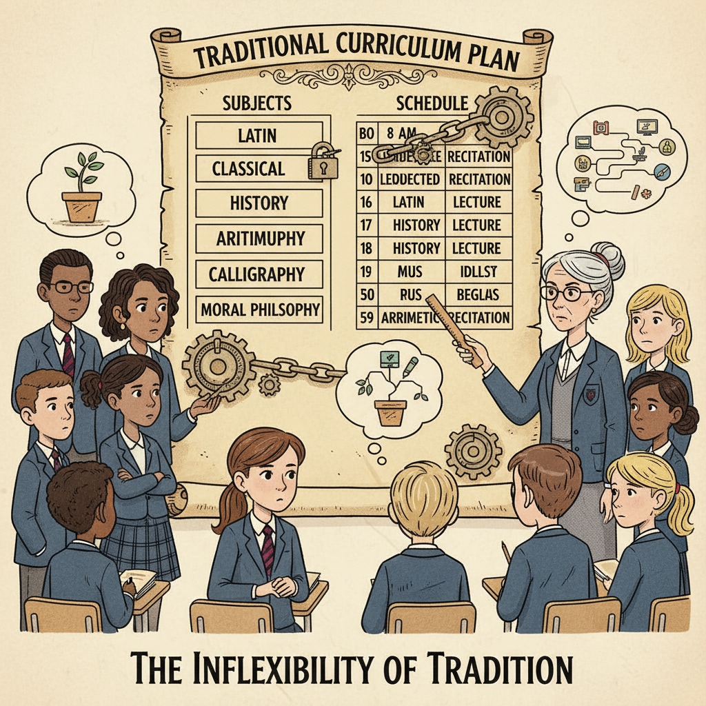 A classroom scene where students are looking at an old-fashioned curriculum plan, indicating the rigidity of traditional curriculum design. Traditional curriculum plan in a primary school classroom related to educational innovation, curriculum design, and teaching methods
