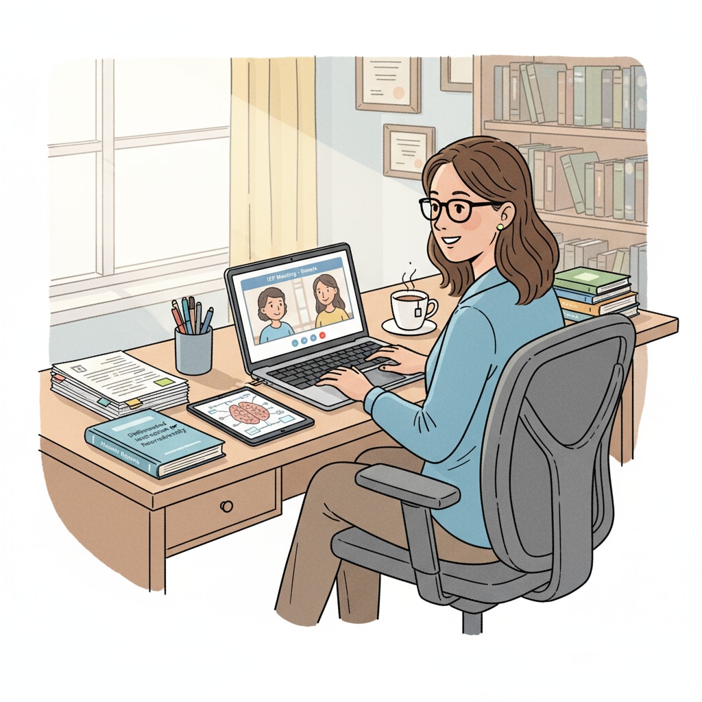 A special education teacher is sitting at a desk, working on a laptop, with papers and books related to special education nearby, suggesting remote work. A special education teacher engaged in remote work to supplement income due to financial difficulties