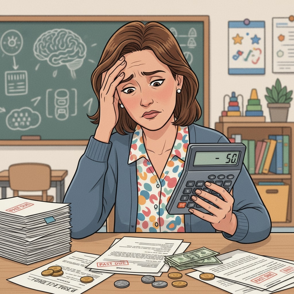 A special education teacher is sitting at a table, looking at a calculator and bills, with a worried expression, indicating financial stress. A special education teacher facing financial difficulties