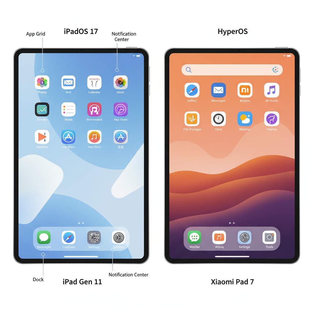 Close-up views of the iPad Gen 11 and Xiaomi Pad 7 screens, showing their interfaces and app layouts. Screens of Xiaomi Pad 7 and iPad Gen 11 for high school students' digital learning