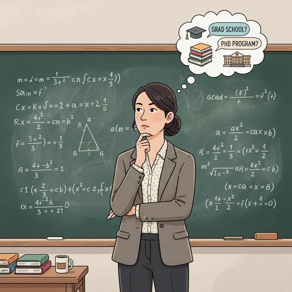 A high school math teacher is standing in front of a chalkboard filled with math equations, looking thoughtful as they consider their graduate education options. A high school math teacher considering educational graduate programs, career development, and curriculum design