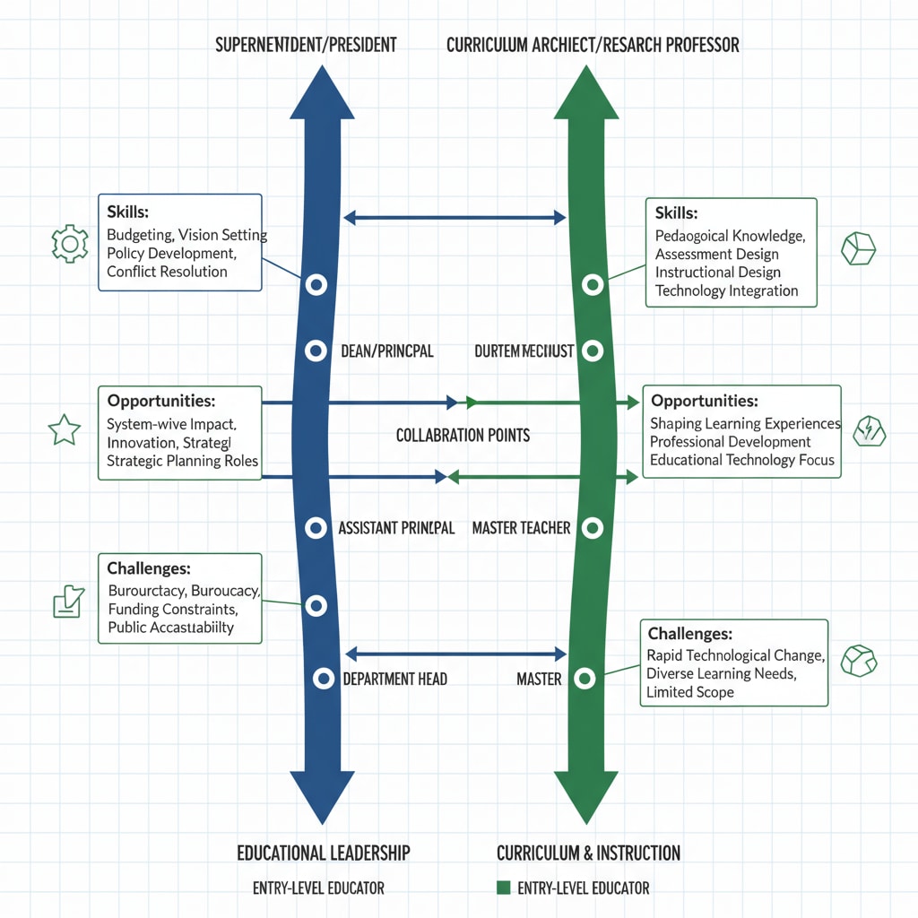 A graph comparing the educational leadership and curriculum instruction paths, showing the different skills, opportunities, and challenges associated with each. Graph comparing educational leadership and curriculum instruction paths in the context of educational graduate programs, career development, and curriculum design