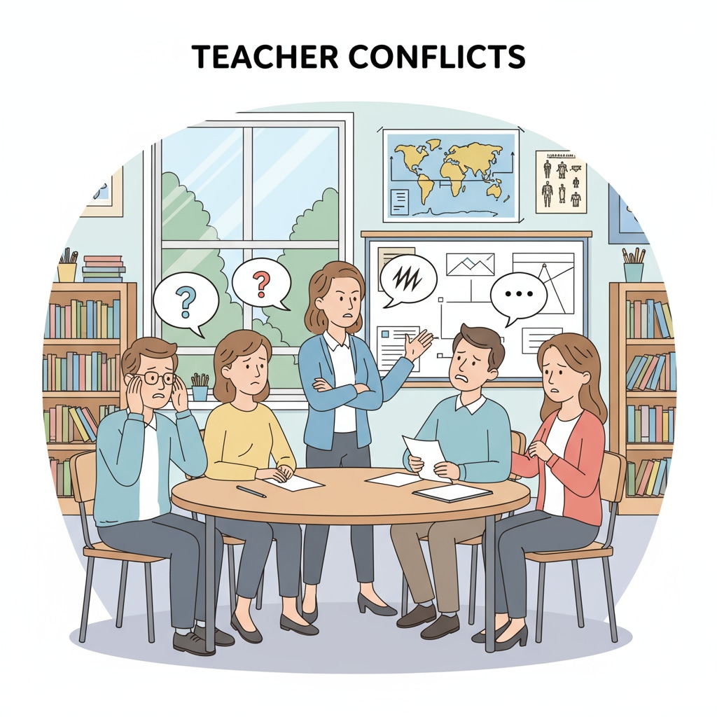 A group of teachers engaged in a discussion, with some showing signs of tension, representing teacher conflicts in a school setting. A scene depicting teacher conflicts, hostile work environment, and management dilemmas in a school meeting.
