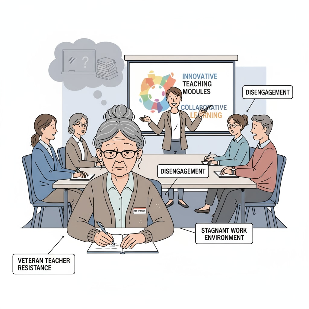 A veteran teacher looking unenthusiastic during a meeting about new teaching methods, highlighting the resistance of veteran teachers and its impact on the work environment. A veteran teacher's unenthusiastic attitude during a meeting, related to teacher conflicts, hostile work environment, and management dilemmas.