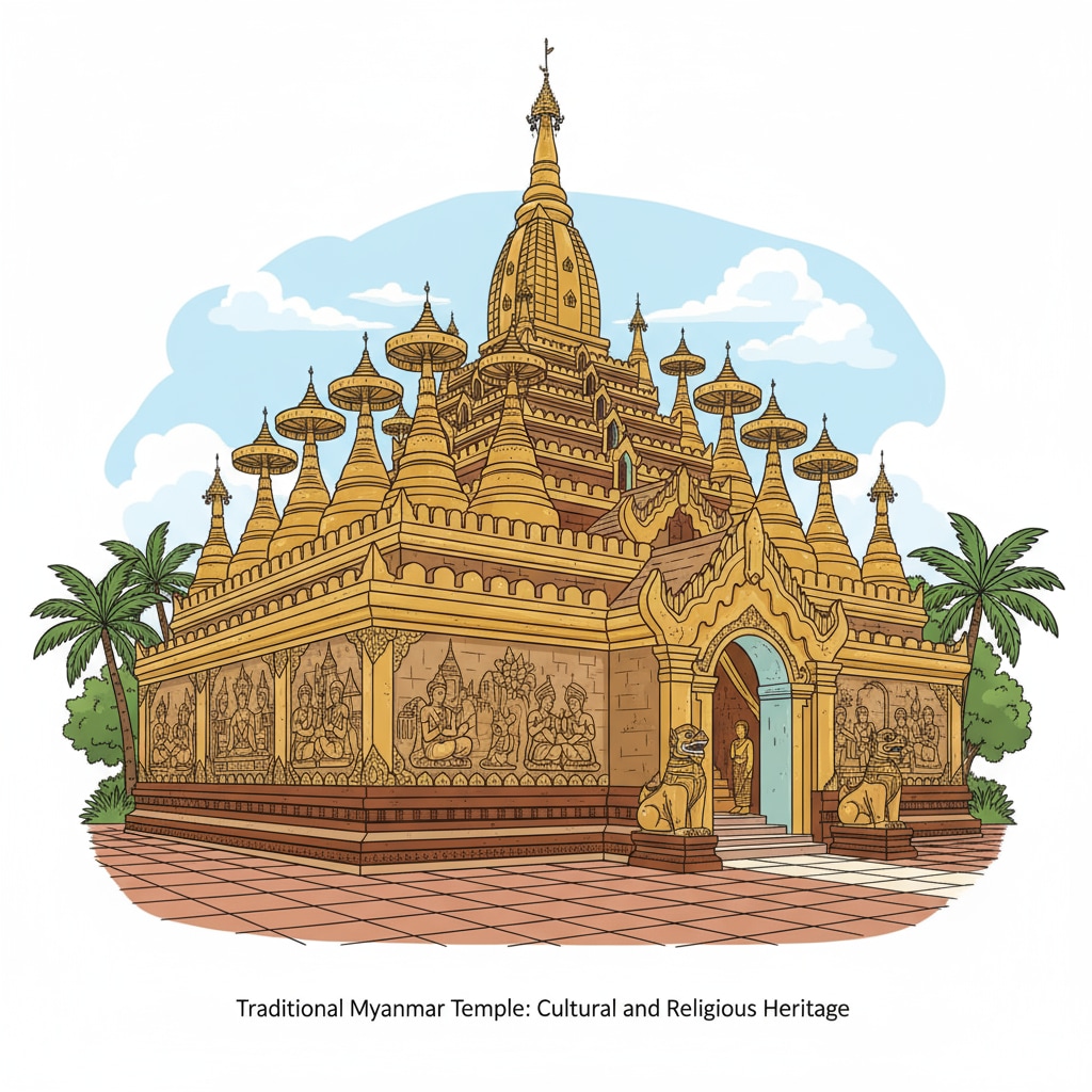 A traditional Myanmar temple with its characteristic spires and detailed stone carvings, representing the country's rich cultural and religious heritage. A traditional Myanmar temple showcasing its unique architecture and cultural significance, highlighting Myanmar's international关注度, gold, and cultural heritage.
